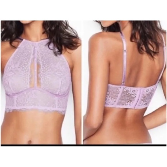 Victorias Secret Very Sexy Plunge Lace Halter High Neck Long Line Bra Lilac 32DD - Picture 3 of 9